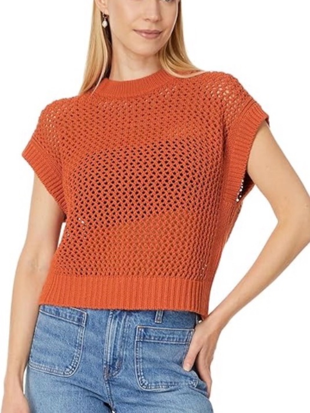 Madewell S 100% cotton organic Open stitch cap sleeve loose fit sweater tee boho